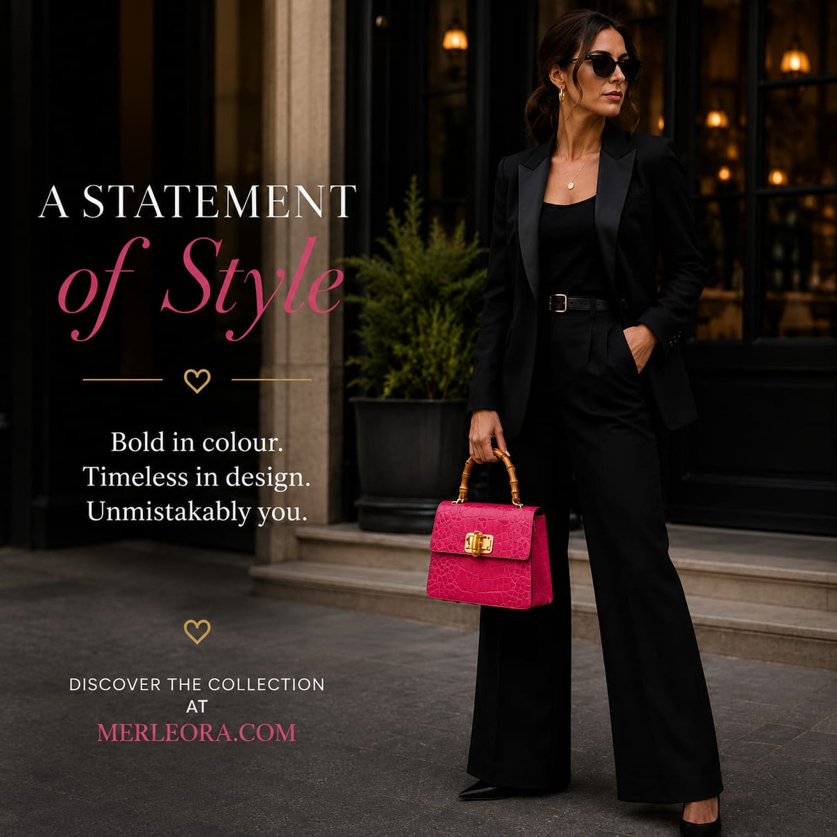 Woman in black suit carrying a bold fuchsia genuine leather bag — MERLEORA