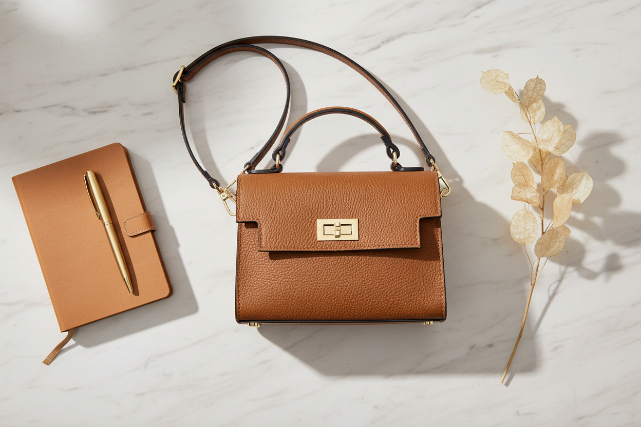 Tan Italian leather structured handbag styled on marble with a journal and gold pen