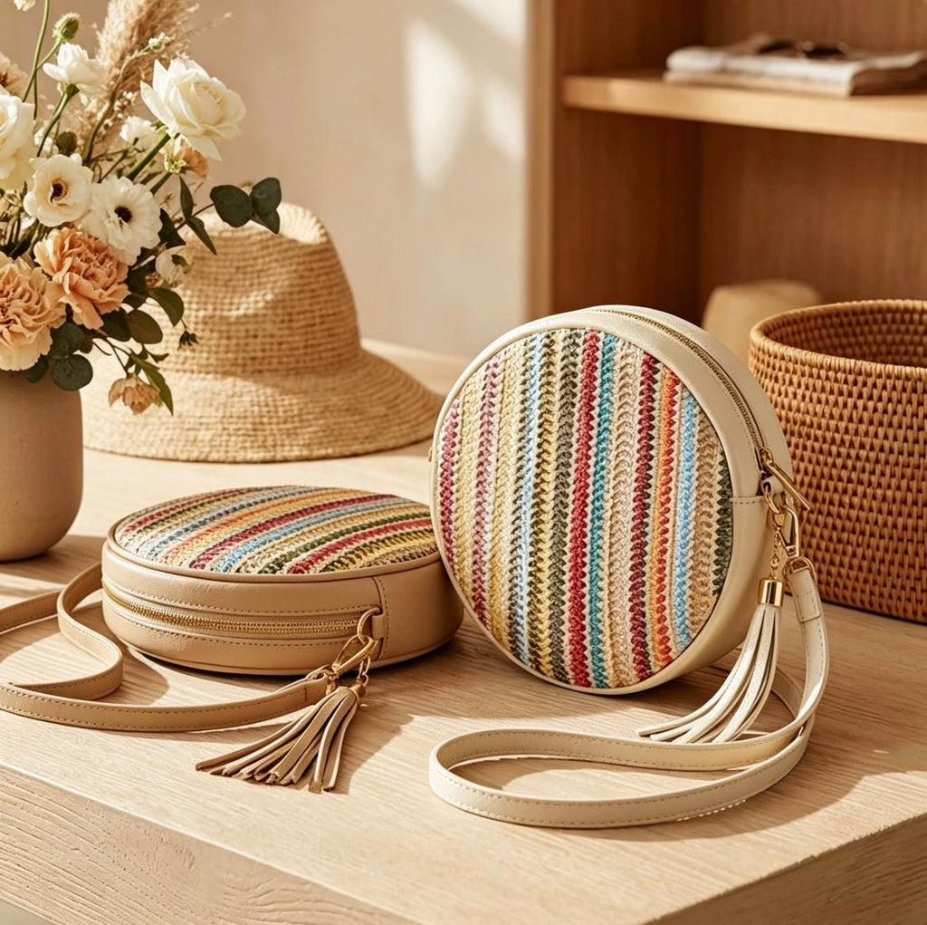 Italian genuine leather and raffia round crossbody bags in cream with multicolour stripe raffia and tassel detail, styled on a wooden table with flowers