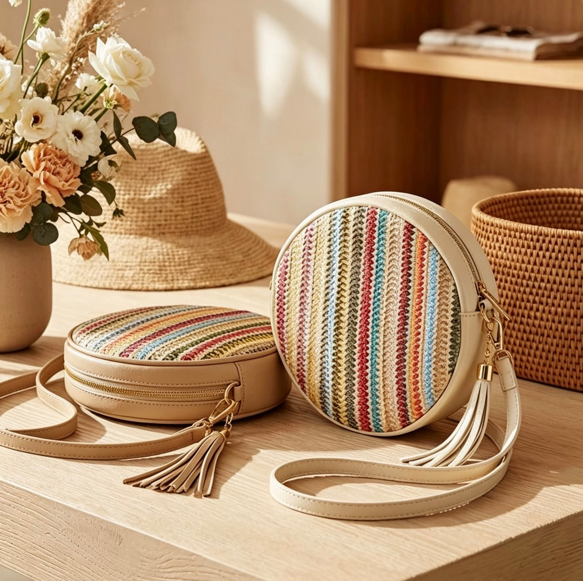 Italian genuine leather and raffia round crossbody bags in cream with multicolour stripe raffia and tassel detail, styled on a wooden table with flowers