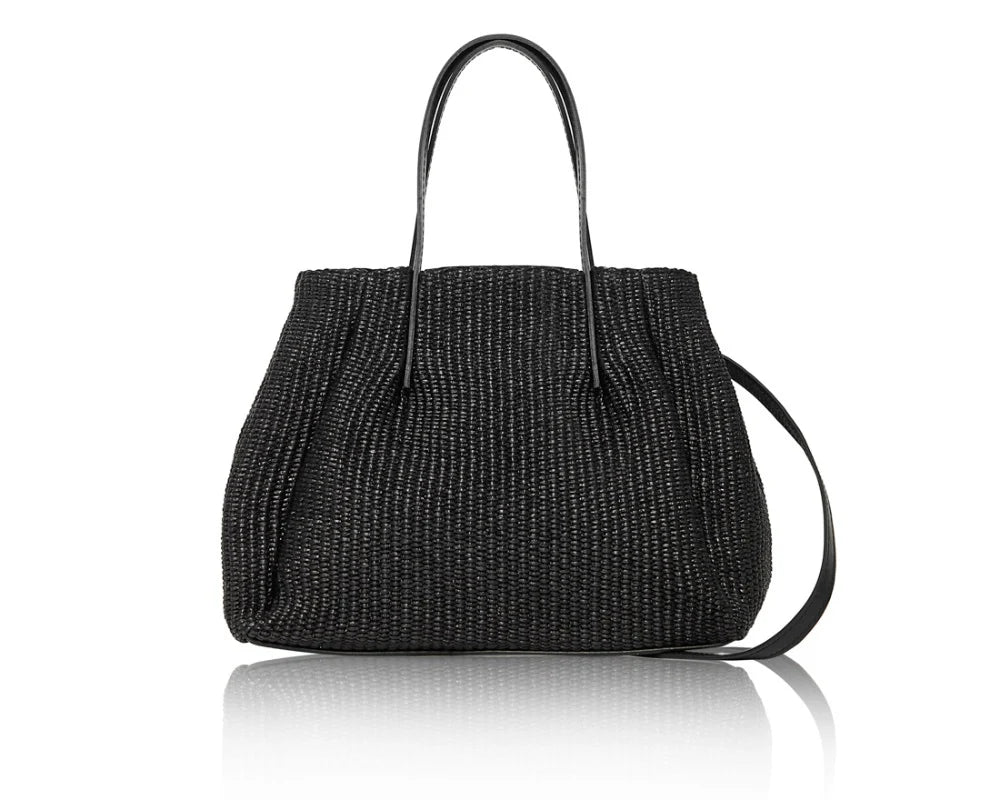 Woven Raffia Tote Bag in Black with tan leather handles and detachable crossbody strap — MERLEORA
