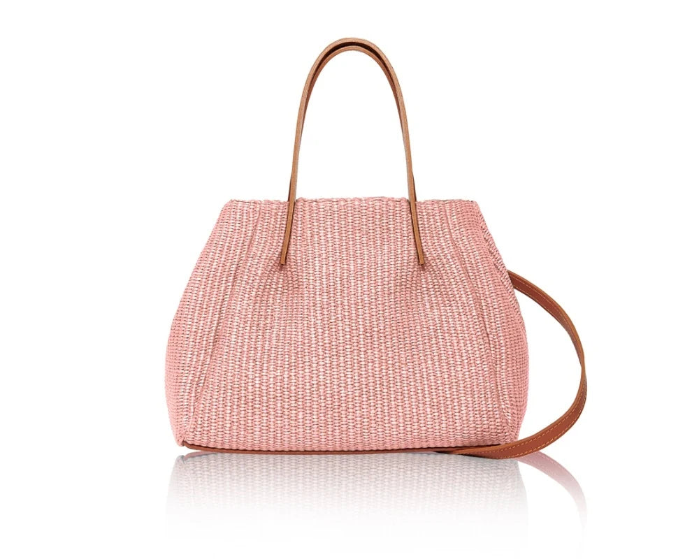 Woven Raffia Tote Bag in Tan/Baby Pink with tan leather handles and detachable crossbody strap — MERLEORA
