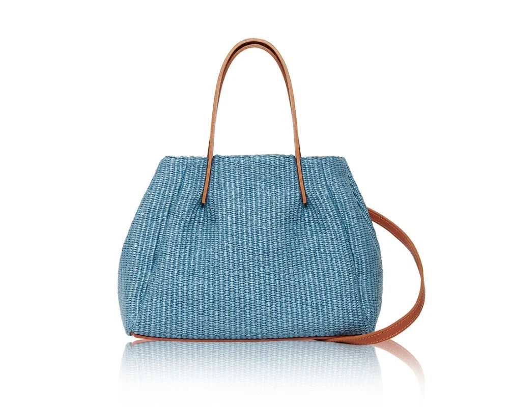 Woven Raffia Tote Bag in Tan/Denim Blue with tan leather handles and detachable crossbody strap — MERLEORA