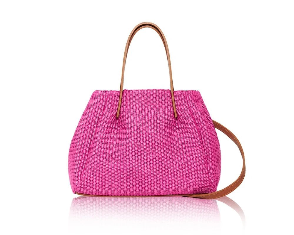 Woven Raffia Tote Bag in Tan/Fuchsia with tan leather handles and detachable crossbody strap — MERLEORA