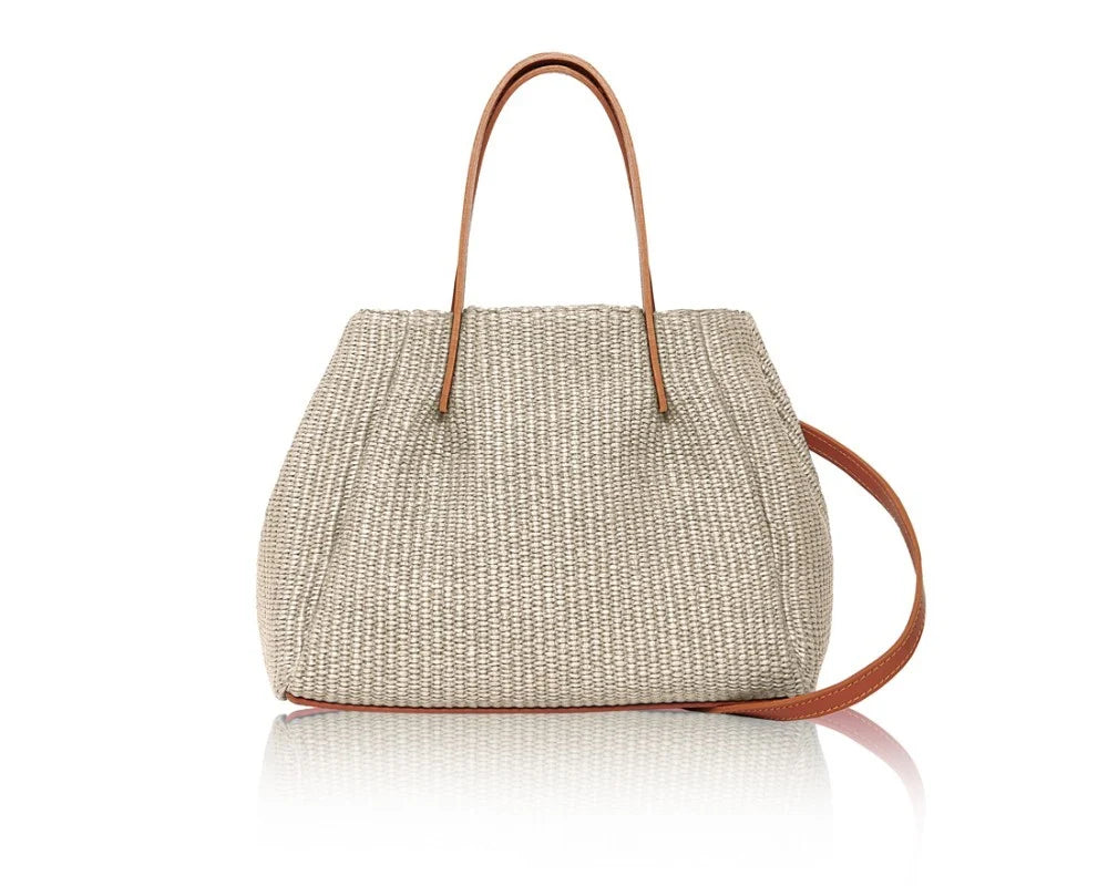 Woven Raffia Tote Bag in Tan/Light Taupe with tan leather handles and detachable crossbody strap — MERLEORA