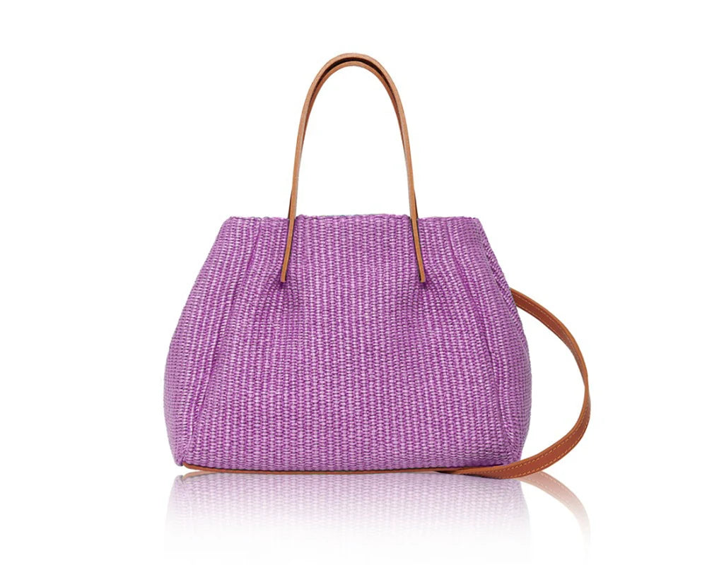 Woven Raffia Tote Bag in Tan/Lilac with tan leather handles and detachable crossbody strap — MERLEORA