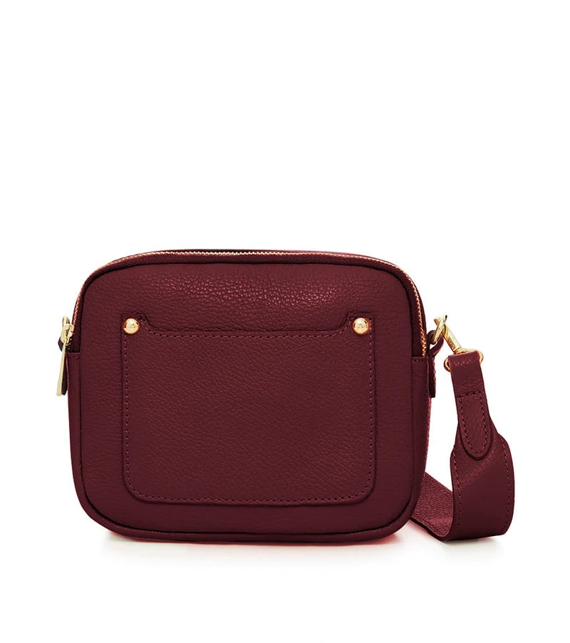 Italian Genuine Leather Double Zip Camera Bag with Wide Strap in Burgundy — MERLEORA
