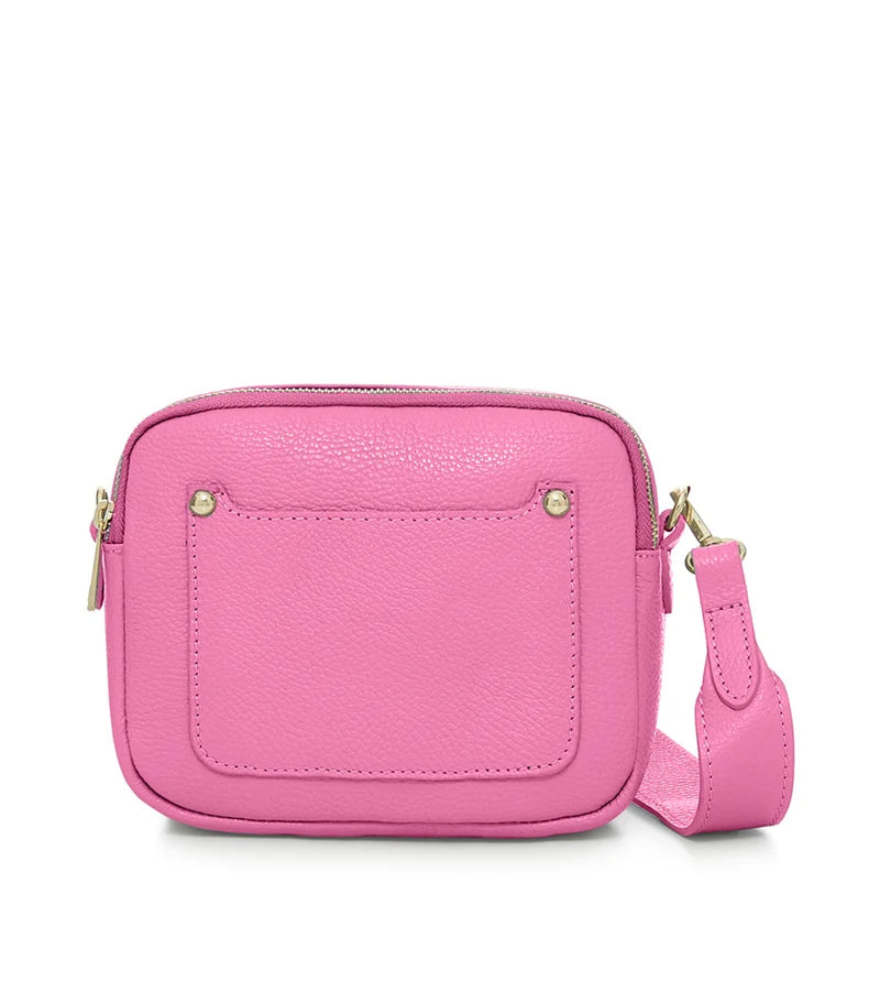 Italian Genuine Leather Double Zip Camera Bag with Wide Strap in Candy Pink — MERLEORA