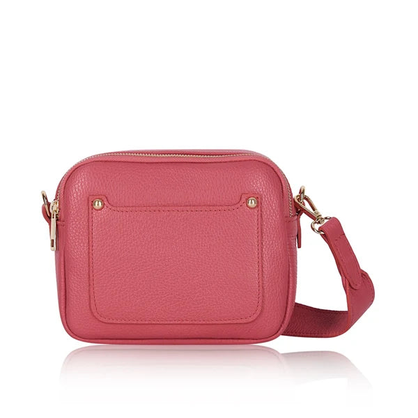 Italian Genuine Leather Double Zip Camera Bag with Wide Strap in Coral — MERLEORA