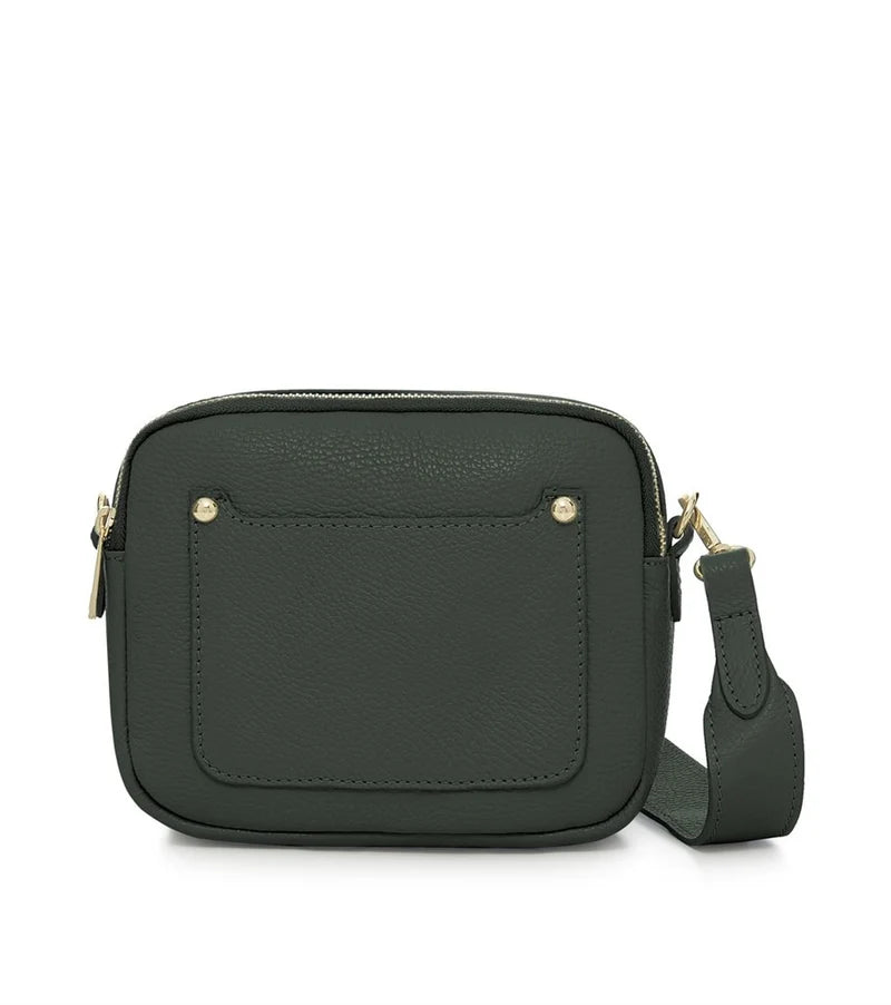 Italian Genuine Leather Double Zip Camera Bag with Wide Strap in Dark Green — MERLEORA