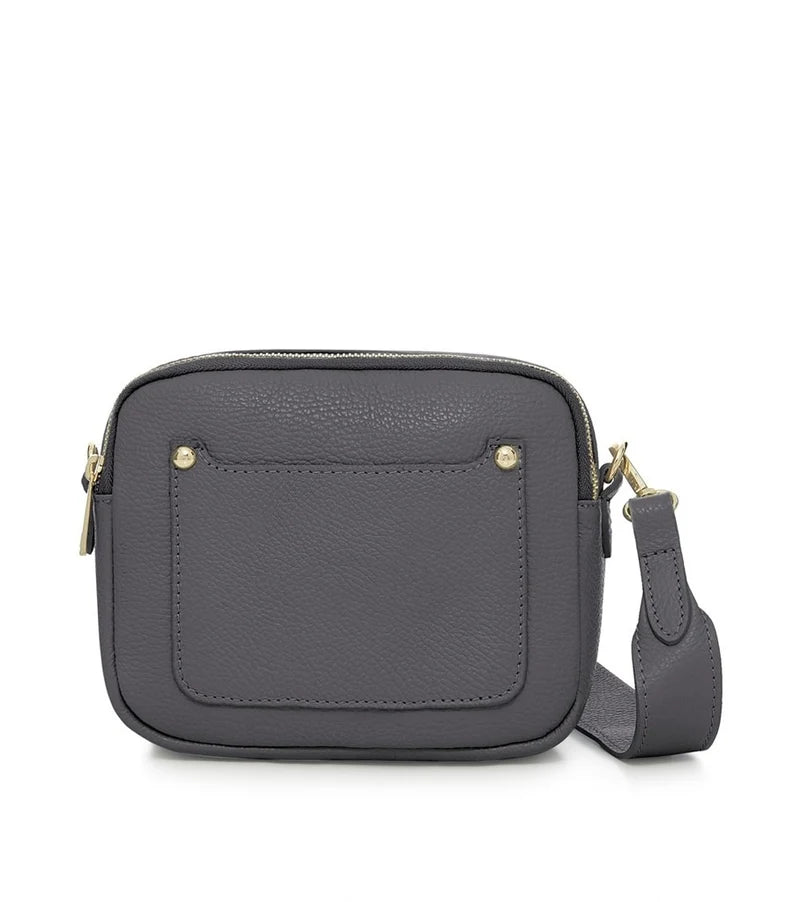 Italian Genuine Leather Double Zip Camera Bag with Wide Strap in Dark Grey — MERLEORA