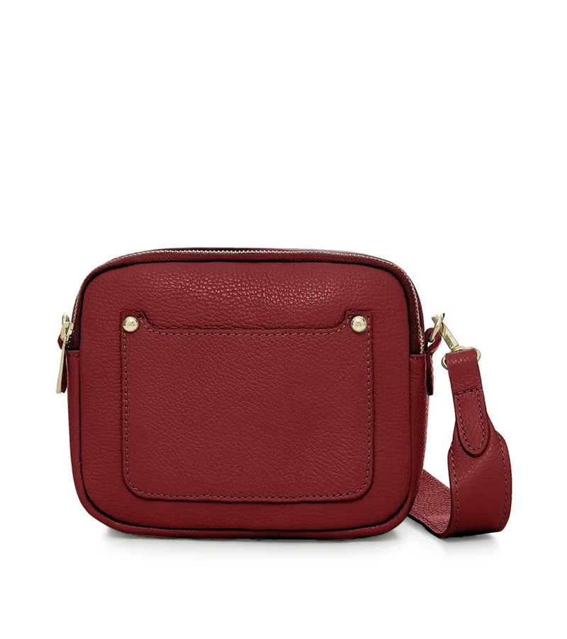 Italian Genuine Leather Double Zip Camera Bag with Wide Strap in Dark Red — MERLEORA