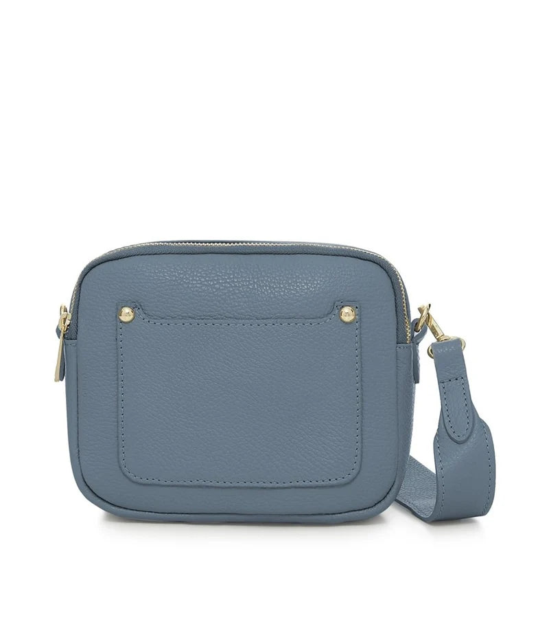Italian Genuine Leather Double Zip Camera Bag with Wide Strap in Denim Blue — MERLEORA