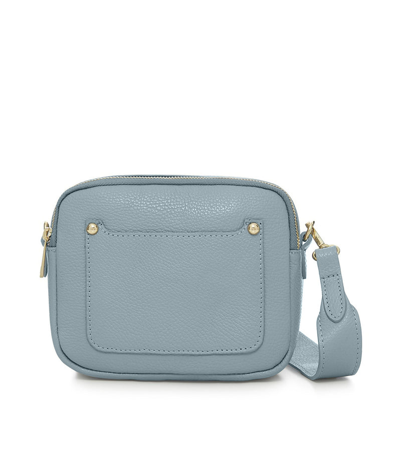 Italian Genuine Leather Double Zip Camera Bag with Wide Strap in Duck Egg Blue — MERLEORA