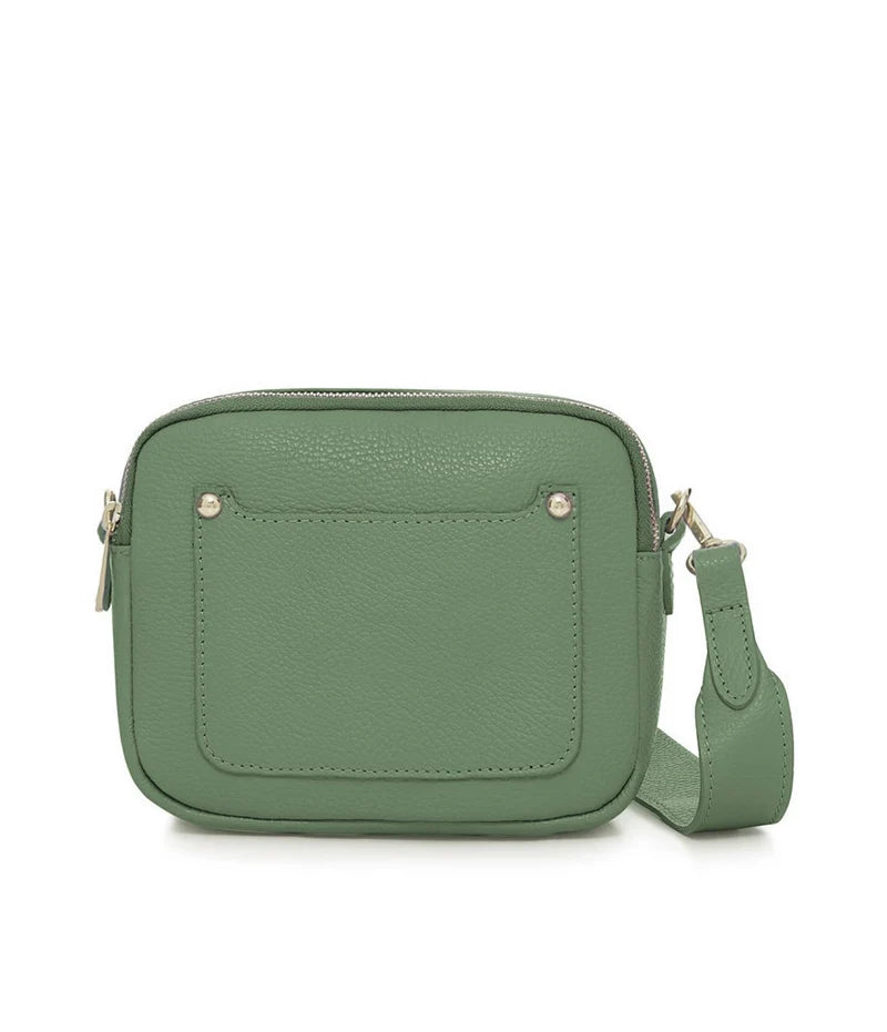 Italian Genuine Leather Double Zip Camera Bag with Wide Strap in Dusty Green — MERLEORA