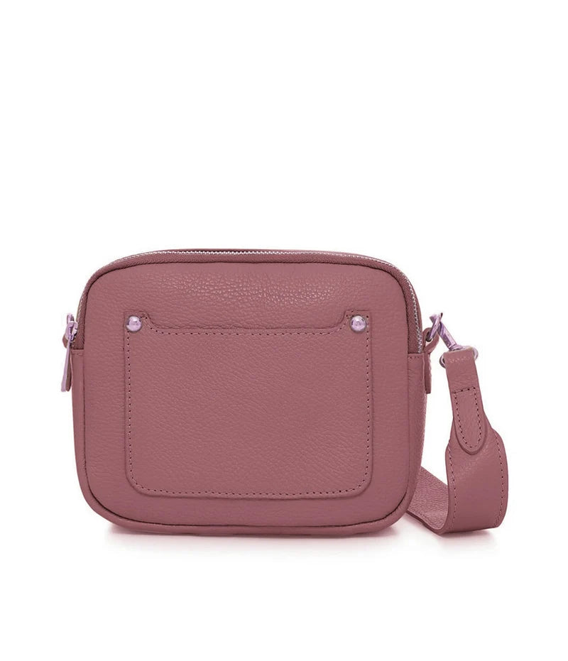 Italian Genuine Leather Double Zip Camera Bag with Wide Strap in Dusty Pink — MERLEORA