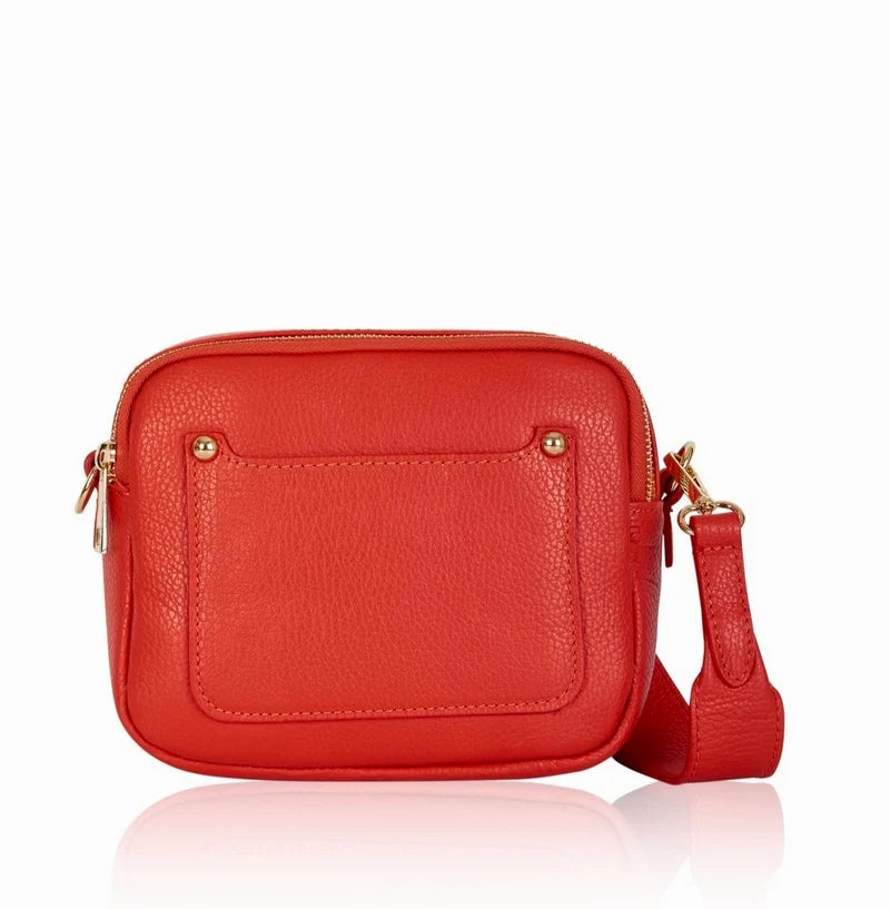 Italian Genuine Leather Double Zip Camera Bag with Wide Strap in Fiery Orange — MERLEORA