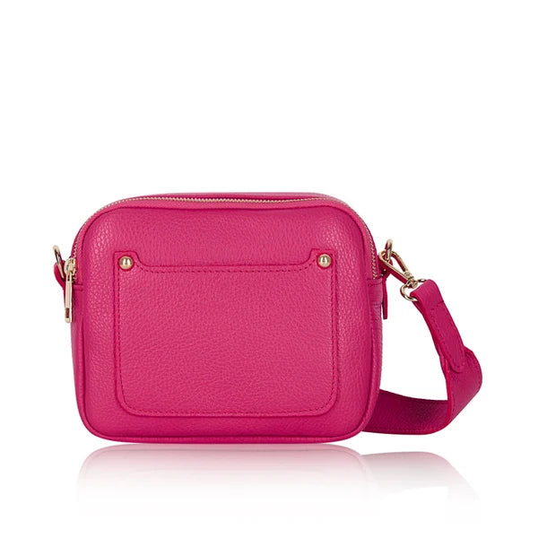 Italian Genuine Leather Double Zip Camera Bag with Wide Strap in Fuchsia — MERLEORA