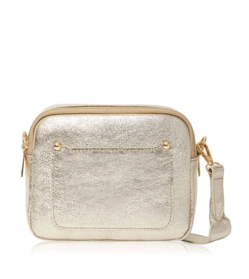 Italian Genuine Leather Double Zip Camera Bag with Wide Strap in Gold — MERLEORA