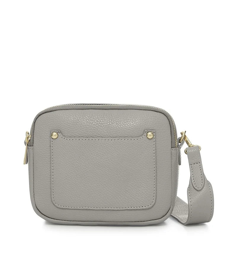 Italian Genuine Leather Double Zip Camera Bag with Wide Strap in Light Grey — MERLEORA