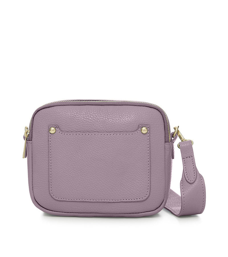 Italian Genuine Leather Double Zip Camera Bag with Wide Strap in Lilac — MERLEORA