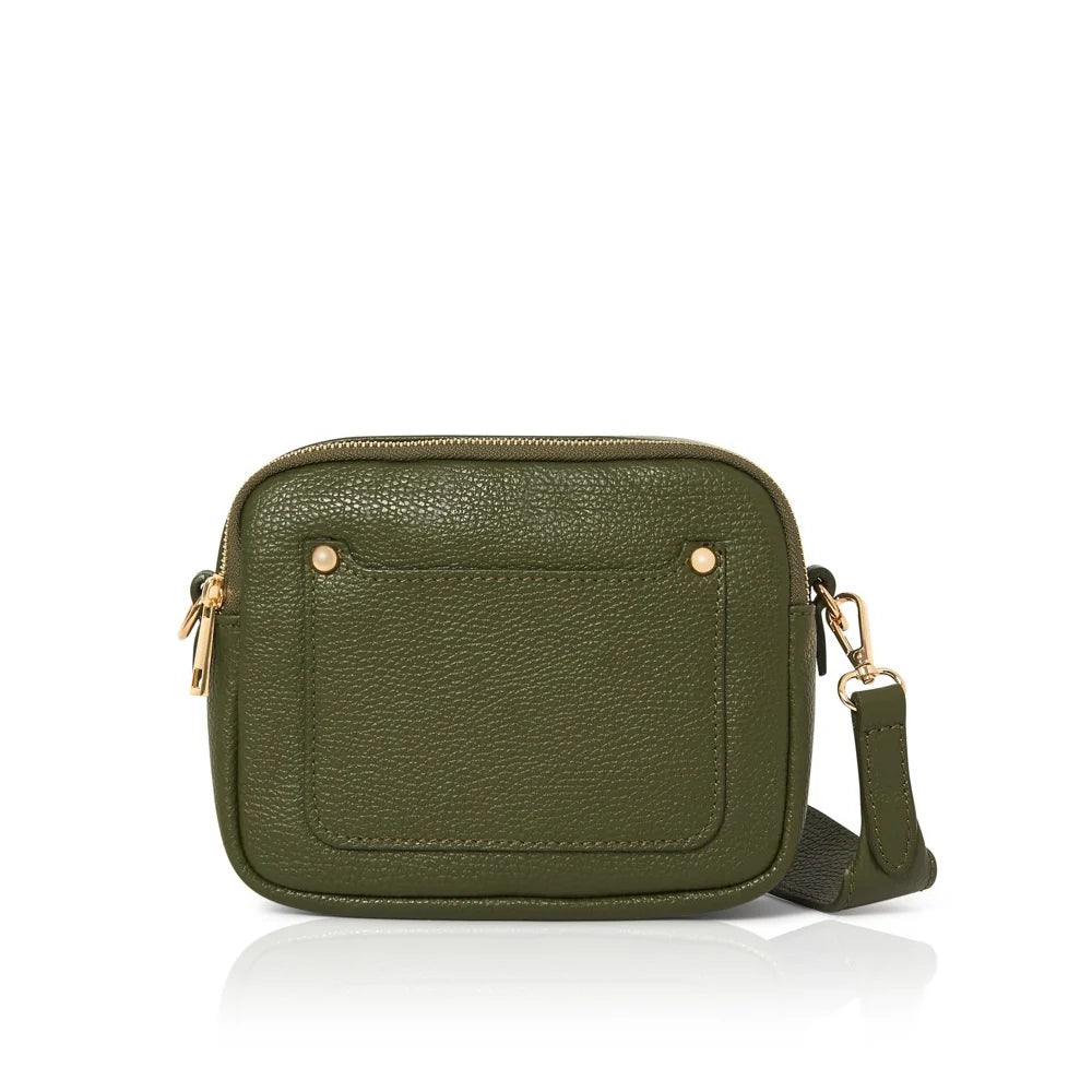 Italian Genuine Leather Double Zip Camera Bag with Wide Strap in Olive Green — MERLEORA