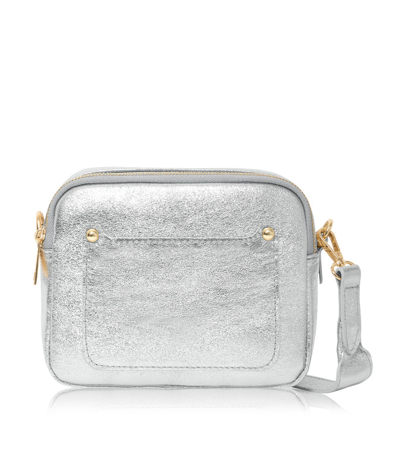 Italian Genuine Leather Double Zip Camera Bag with Wide Strap in Silver — MERLEORA