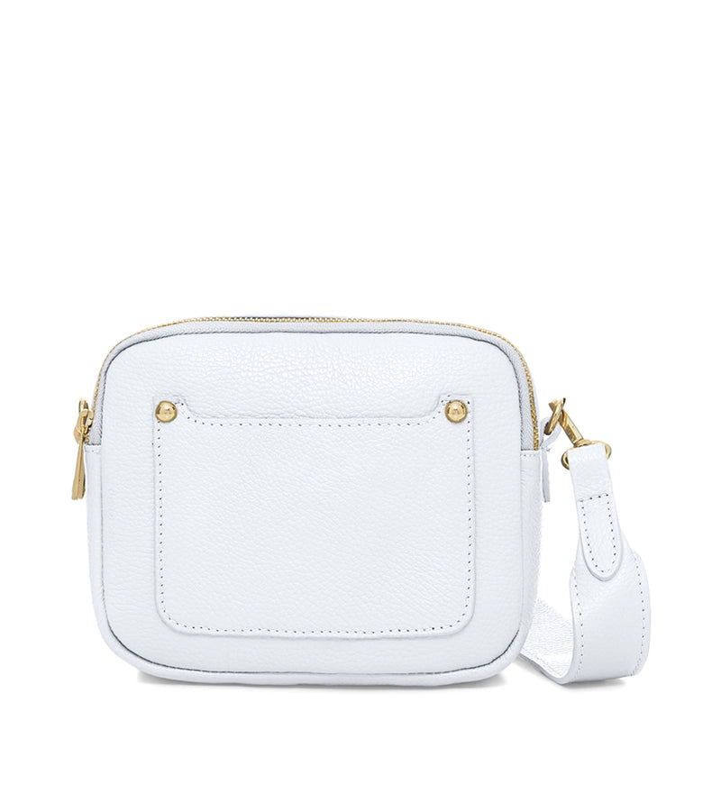 Italian Genuine Leather Double Zip Camera Bag with Wide Strap in White — MERLEORA
