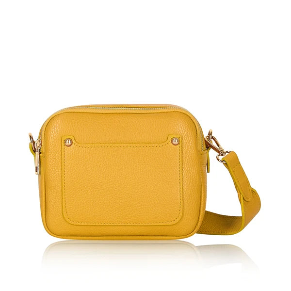 Italian Genuine Leather Double Zip Camera Bag with Wide Strap in Yellow — MERLEORA