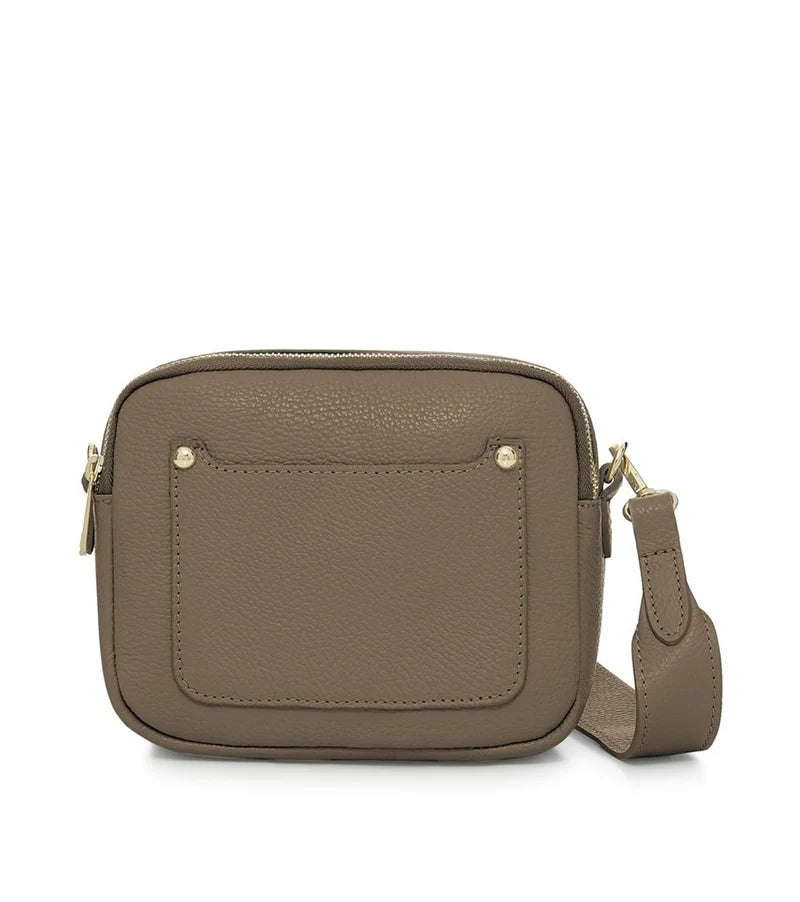 Italian Genuine Leather Double Zip Camera Bag with Wide Strap in Dark Taupe — MERLEORA