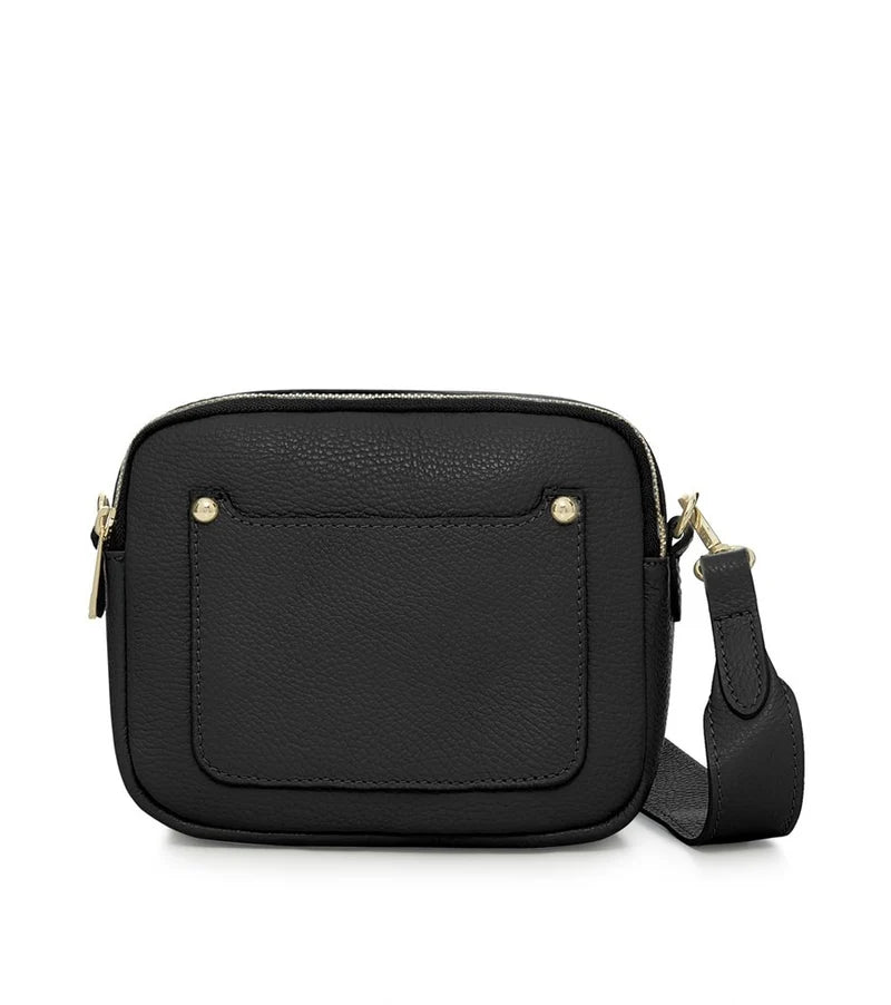 Italian Genuine Leather Double Zip Camera Bag with Wide Strap in Black — MERLEORA