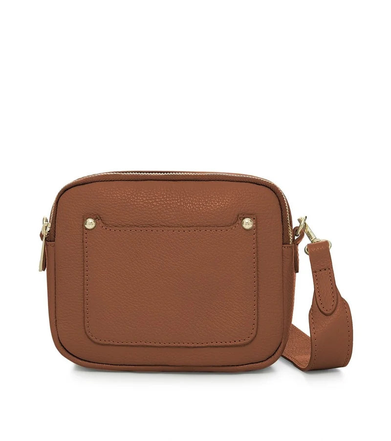 Italian Genuine Leather Double Zip Camera Bag with Wide Strap in Dark Tan — MERLEORA