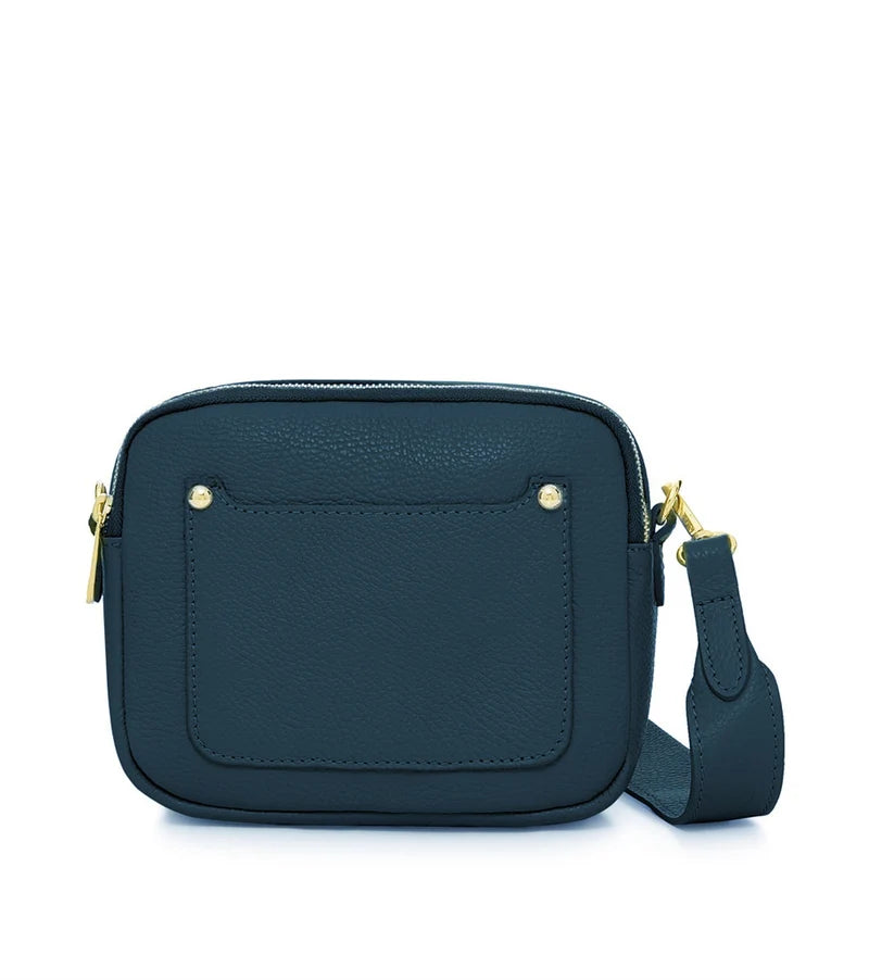 Italian Genuine Leather Double Zip Camera Bag with Wide Strap in Dark Teal — MERLEORA