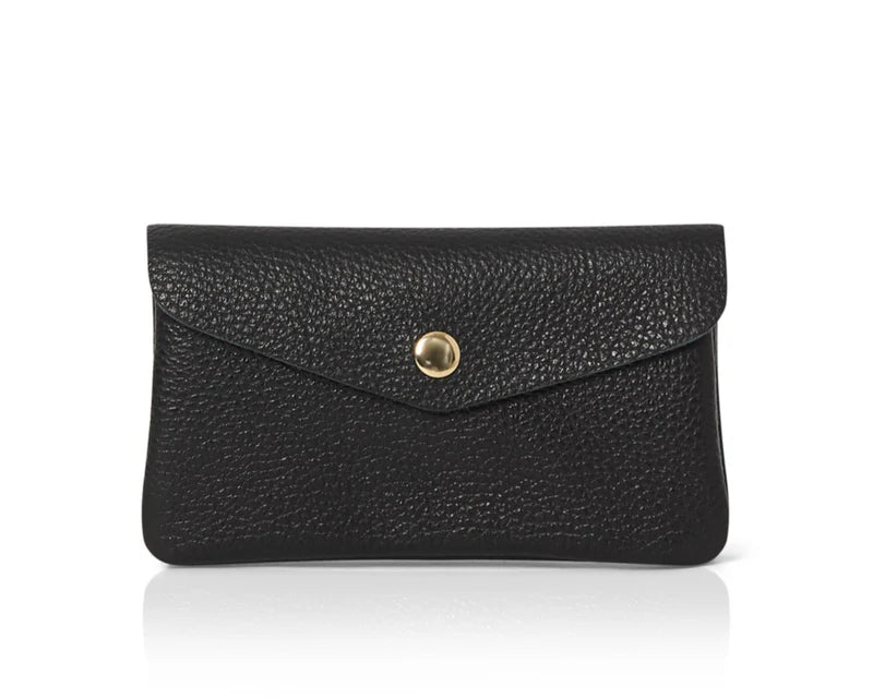 Black: Genuine leather coin bag and card holder in black with gold stud closure