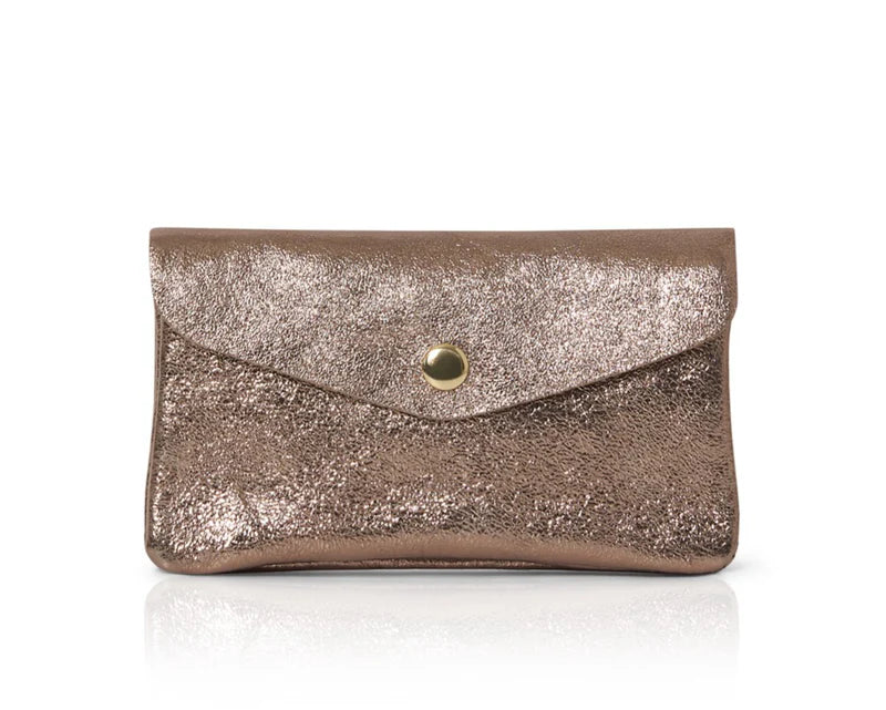 Bronze: Genuine leather coin bag and card holder in bronze with gold stud closure
