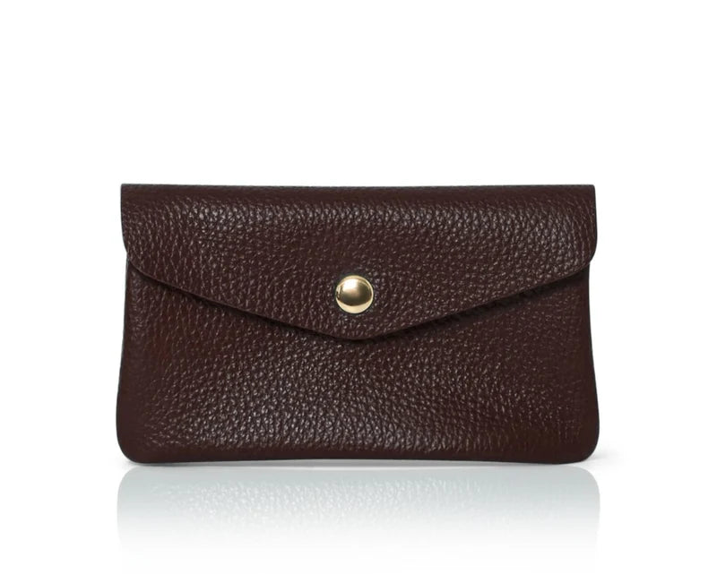 Dark chocolate: Genuine leather coin bag and card holder in dark chocolate with gold stud closure