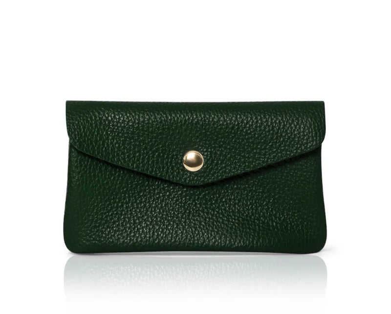 Dark green: Genuine leather coin bag and card holder in dark green with gold stud closure