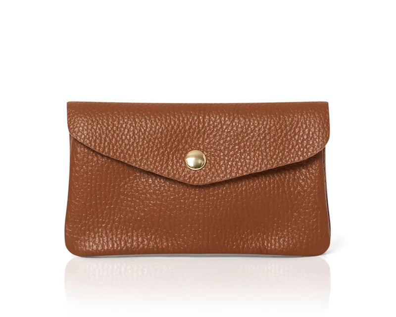 Dark tan: Genuine leather coin bag and card holder in dark tan with gold stud closure