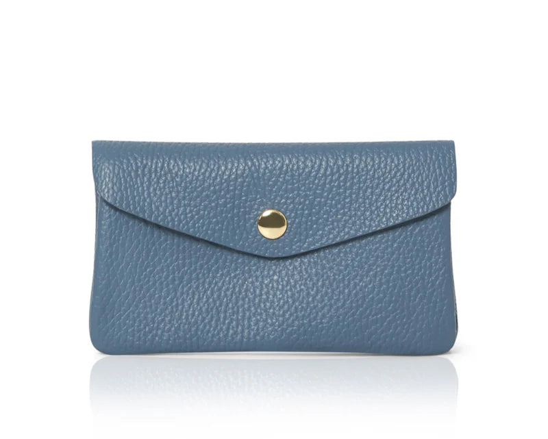 Denim blue: Genuine leather coin bag and card holder in denim blue with gold stud closure