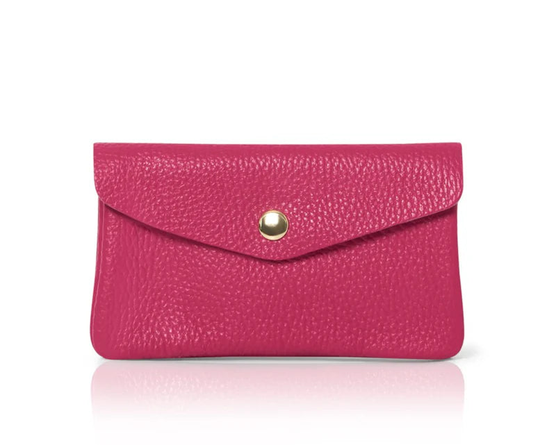 Fuchsia: Genuine leather coin bag and card holder in fuchsia with gold stud closure