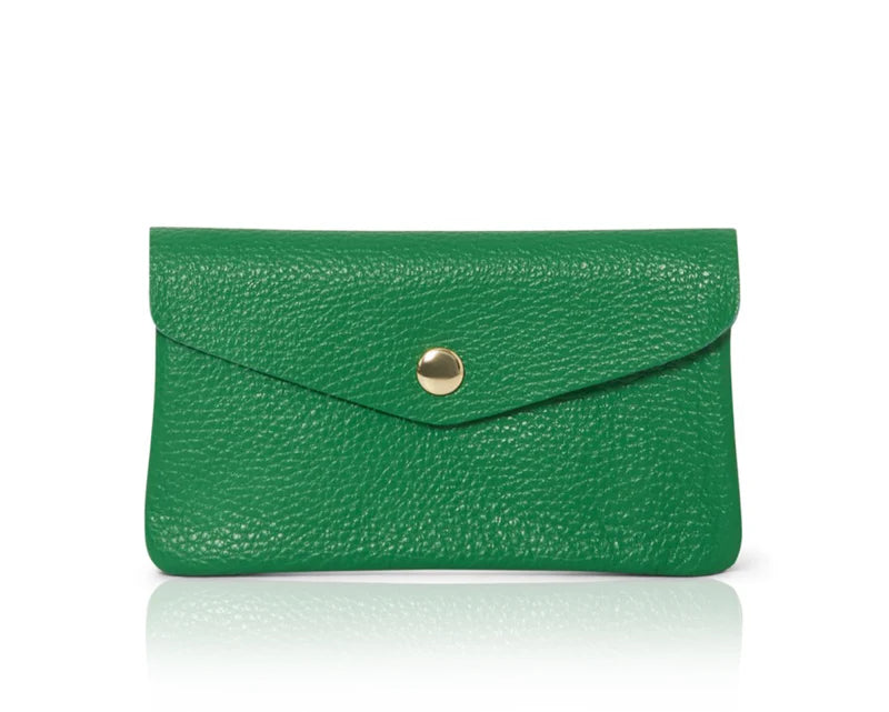 Green: Genuine leather coin bag and card holder in green with gold stud closure