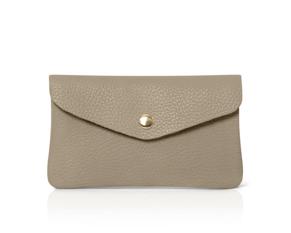 Light taupe: Genuine leather coin bag and card holder in light taupe with gold stud closure