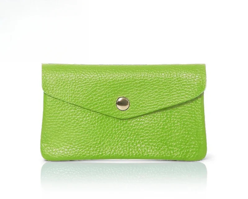 Lime green: Genuine leather coin bag and card holder in lime green with gold stud closure