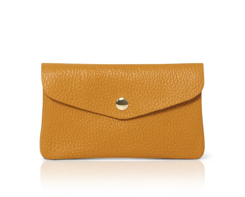 Mustard: Genuine leather coin bag and card holder in mustard with gold stud closure