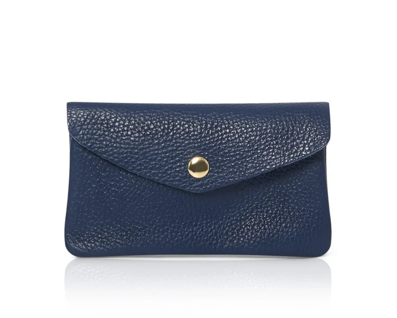Navy: Genuine leather coin bag and card holder in navy with gold stud closure