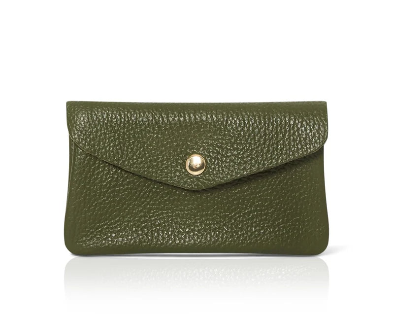 Olive green: Genuine leather coin bag and card holder in olive green with gold stud closure