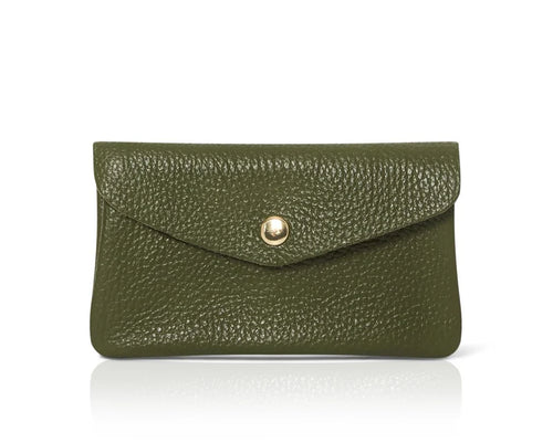 Olive green: Genuine leather coin bag and card holder in olive green with gold stud closure
