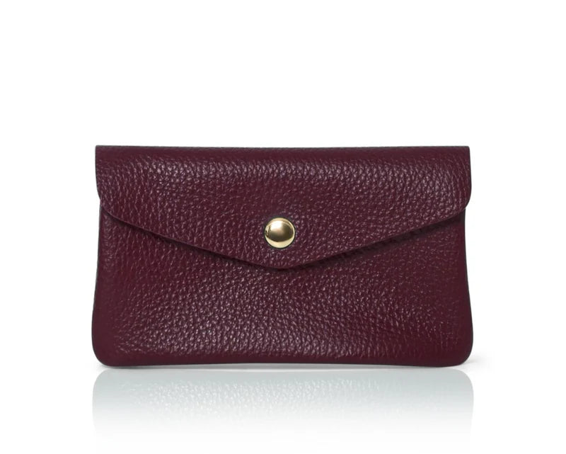 Red plum: Genuine leather coin bag and card holder in red plum with gold stud closure