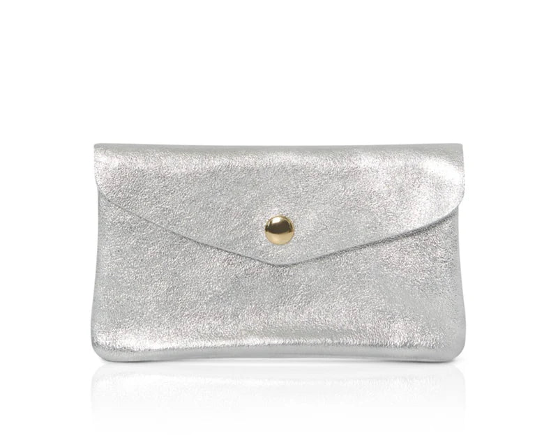 Silver: Genuine leather coin bag and card holder in silver with gold stud closure