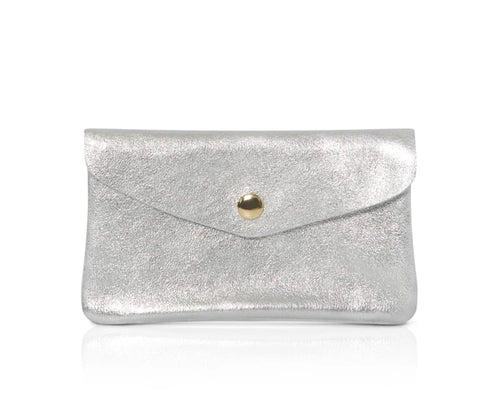Silver: Genuine leather coin bag and card holder in silver with gold stud closure